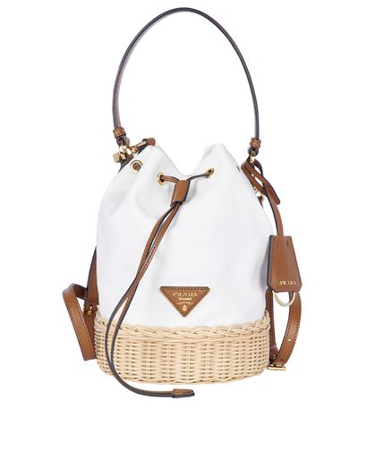 Prada Logo Plaque Bucket Bag, &pound;850, Handbags, Brown/White, Fabric/Wicker, Front view